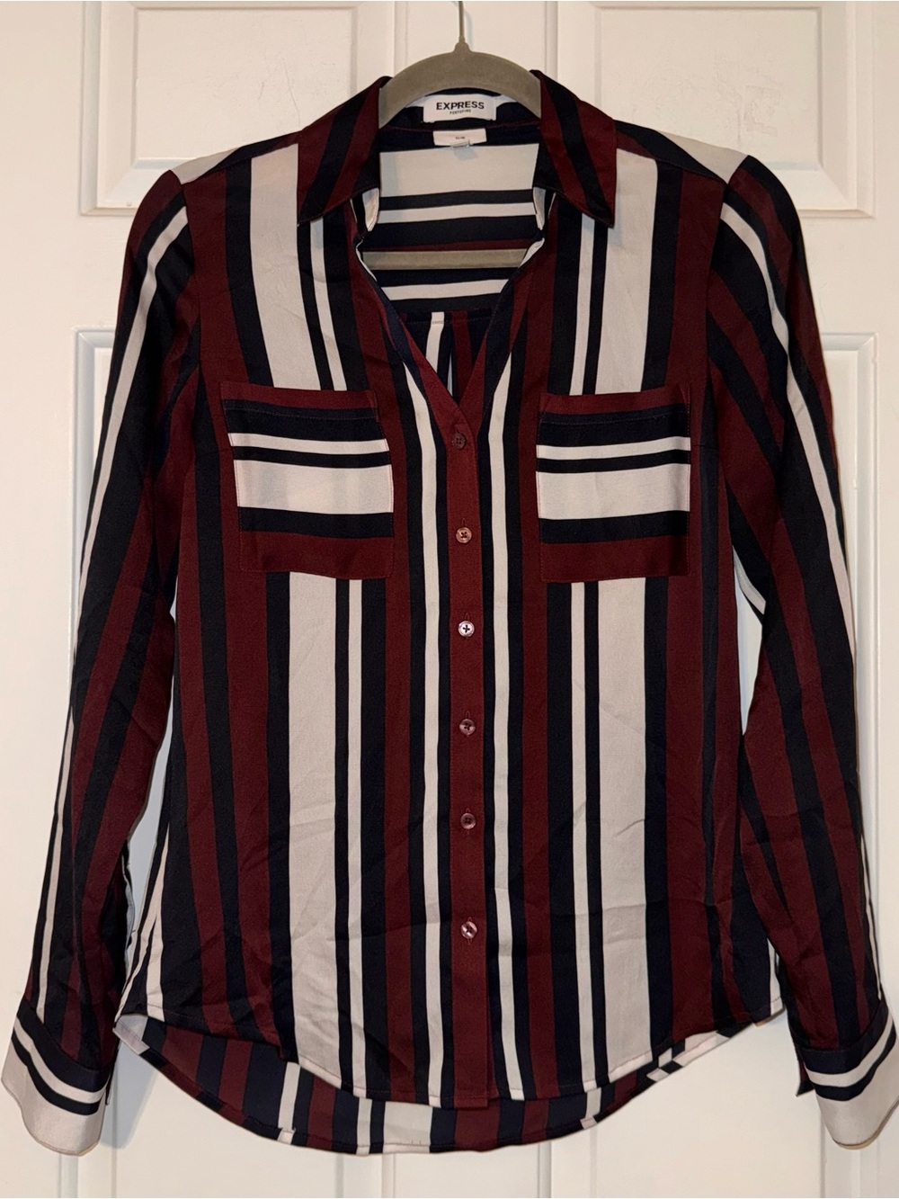Express the portofino slim Striped Button-Down Shirt Burgundy White Black XS - Picture 2 of 14